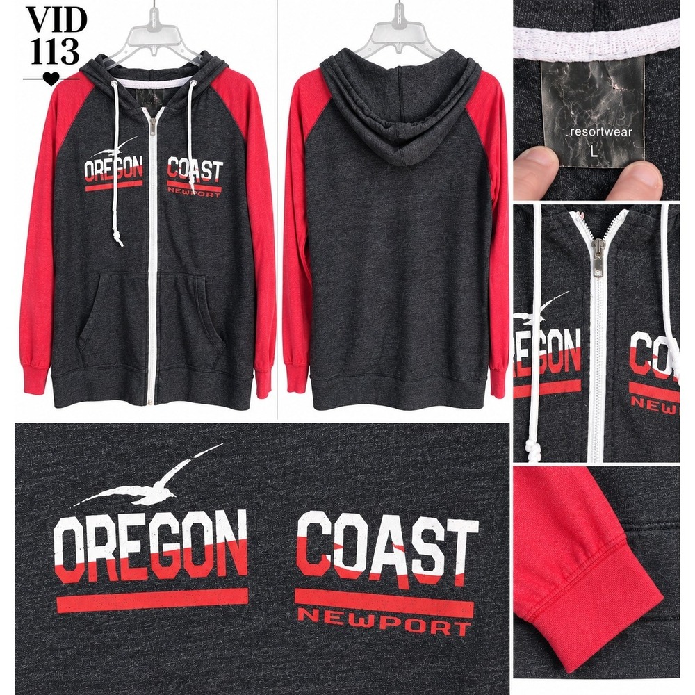 Oregon Coast Newport Hoodie L Gray Red Full Zip Resortwear PNW Beach Coastal